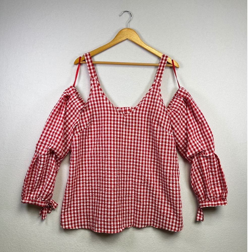 Love J Red Gingham‎ Cold Shoulder Puff Sleeve Tie Cuff Peasant Top 3X